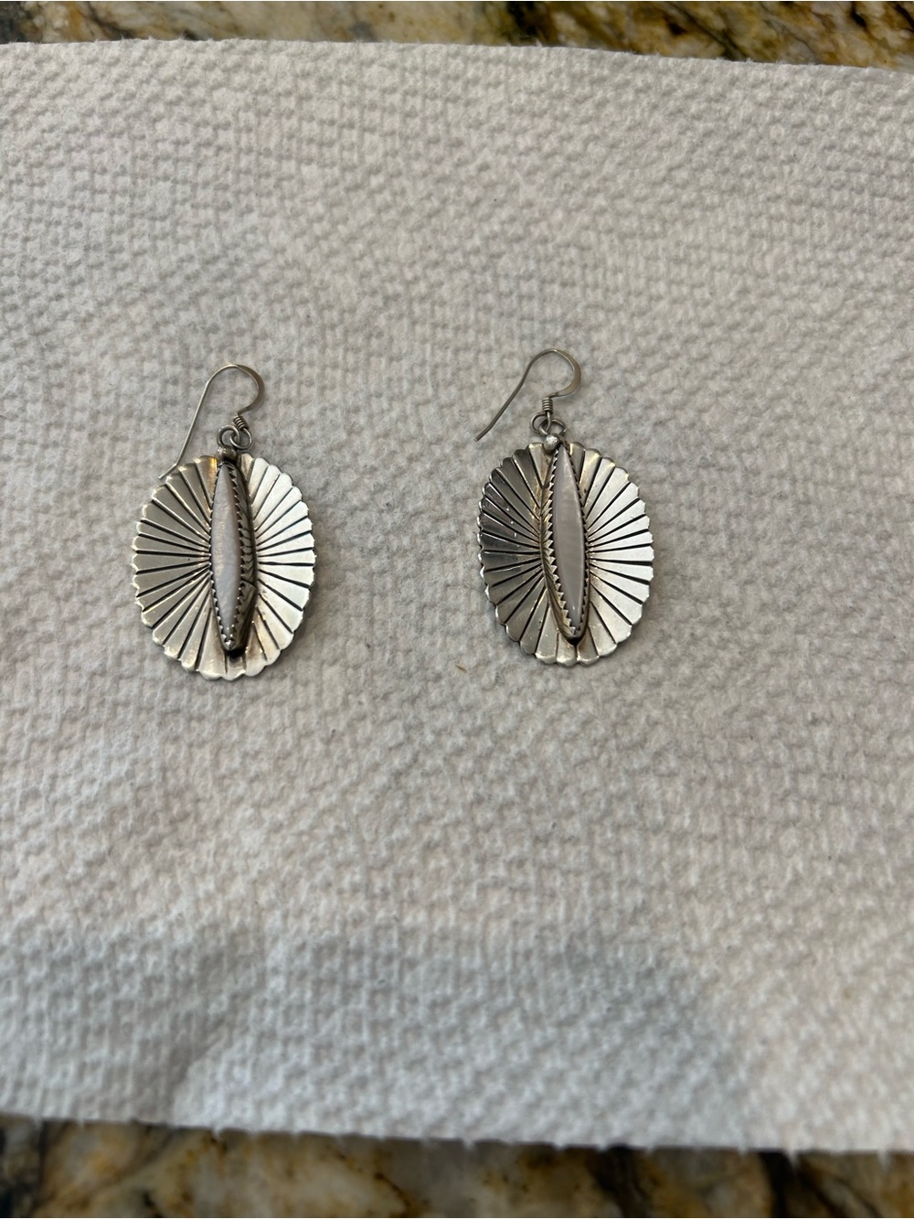 Sterling Silver Sunburst Oval Stone Dangle Earrings - Silver - Picture 2 of 6